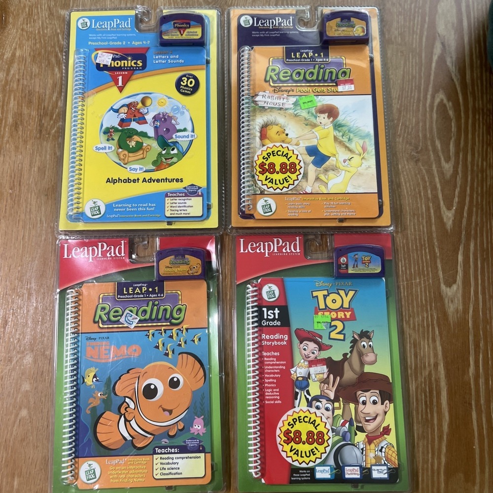 LeapFrog 4 LeapPad Interactive Books & Cartridge Alphabet, Pooh, Toy Story, Nemo